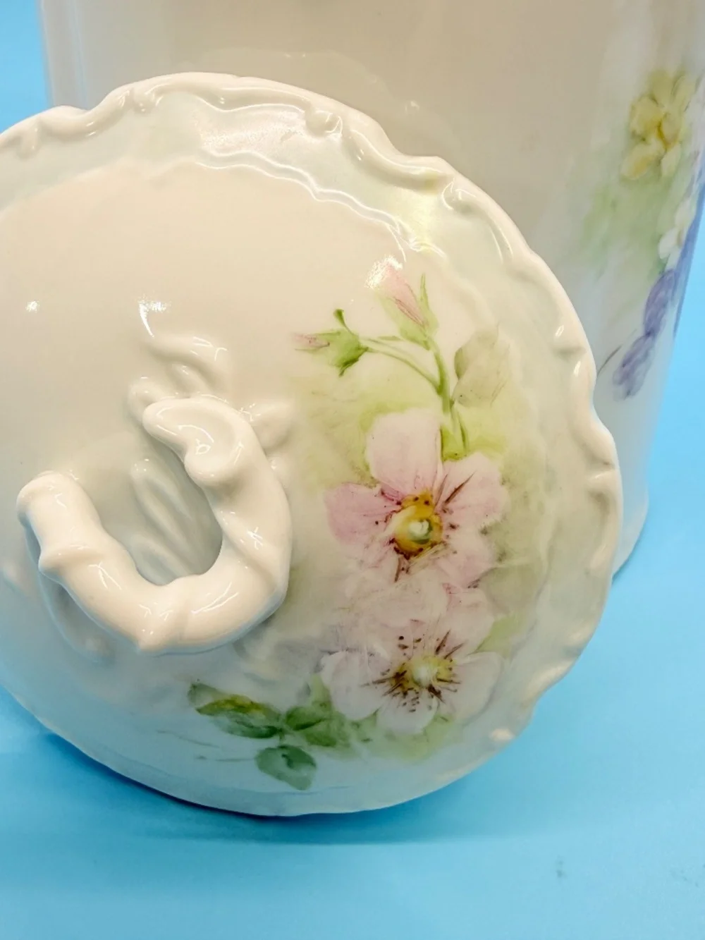 Vintage Porcelain Embossed Biscuit Jar & Lid Handpainted w Pastel Floral Motifs